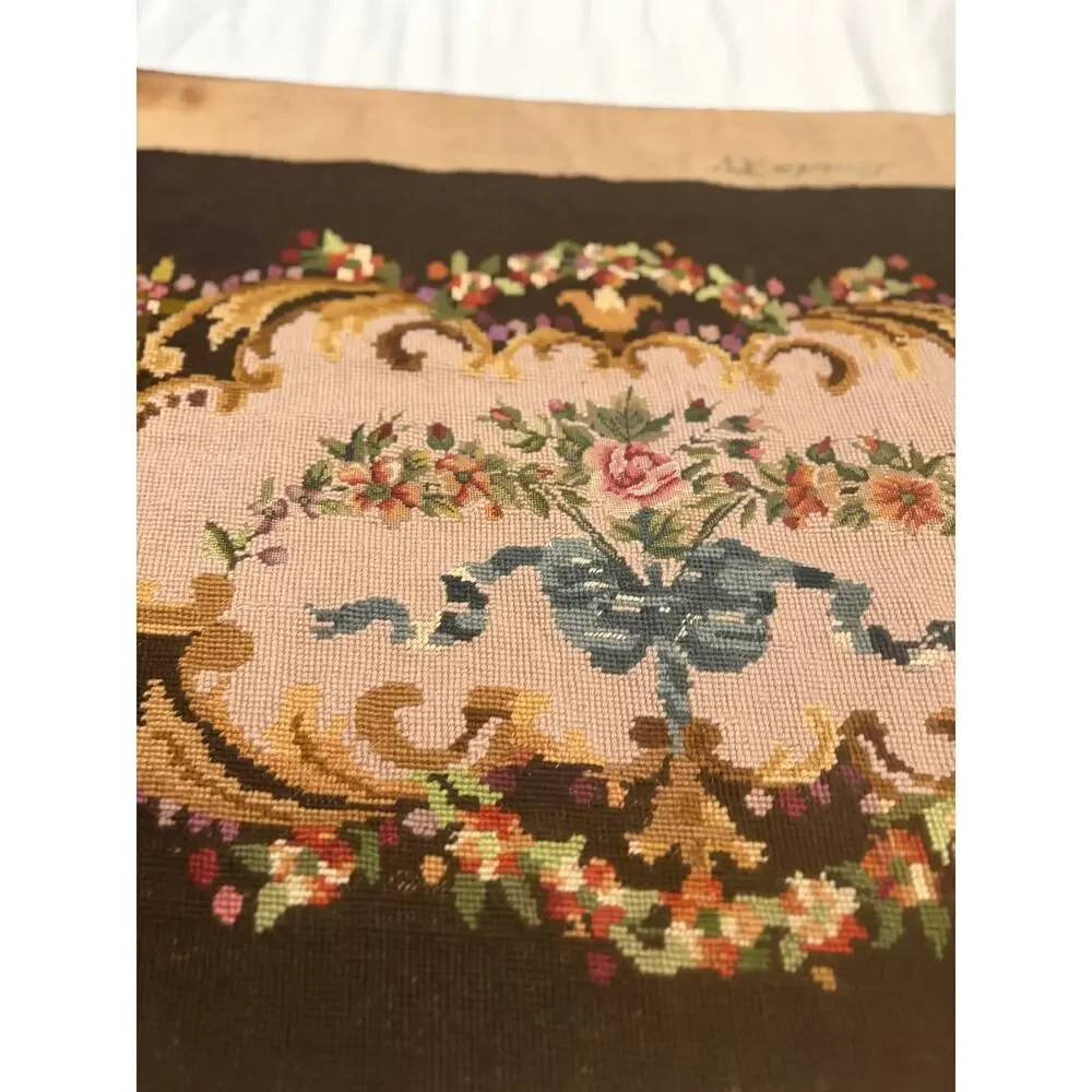 Vintage Handmade Needlepoint Embroidered Bench Top Wool Brown Pink Florals Blue